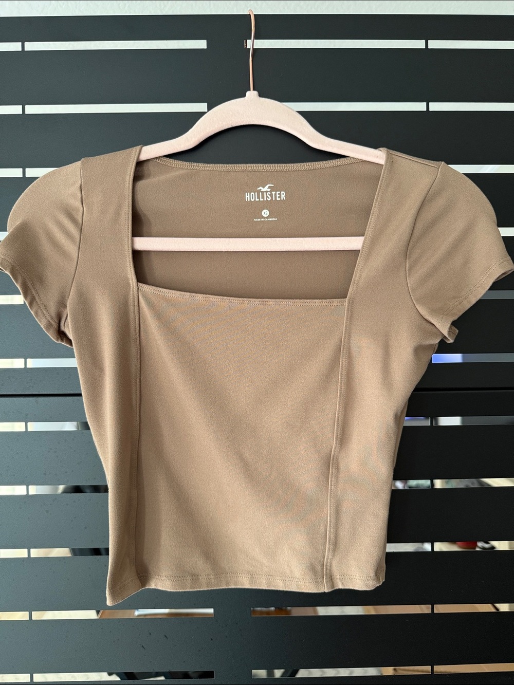 Hollister Square Neck Short Sleeve Top - Taupe Brown XS